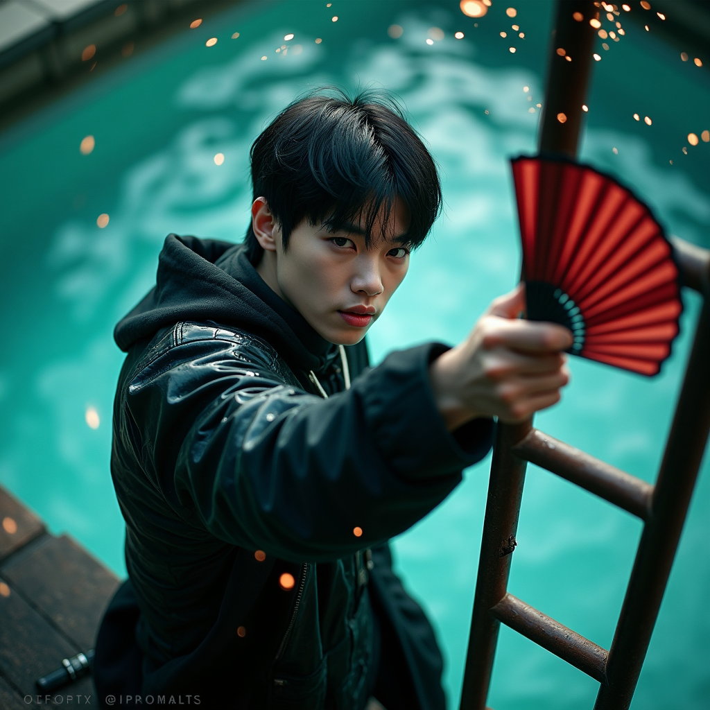 Rooftop Demon Hunt Action Portrait example: Photorealistic cinematic K-pop demon-hunter half-body action photo. Place the hunter at a rooftop water-tank ladder, tor