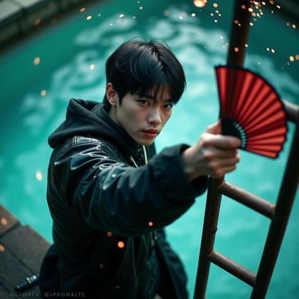 Rooftop Demon Hunt Action Portrait example: Photorealistic cinematic K-pop demon-hunter half-body action photo. Place the hunter at a rooftop water-tank ladder, tor
