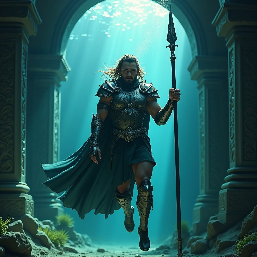 AI-generated photo: Photorealistic underwater warrior character portrait photograph featuring a mid-body vertical compos...
