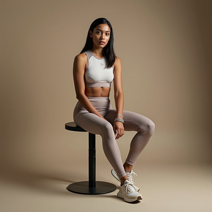 AI-generated photo: Photorealistic studio fashion photography, mid-length portrait of an athlete sitting sideways on a m...
