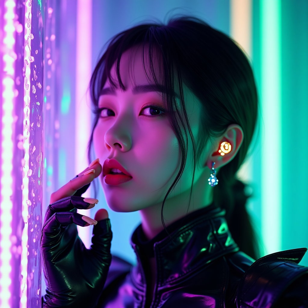 Neon Stage Warrior Close-Up example: Cinematic K-pop fantasy portrait photo. Tight beauty close-up at the edge of a neon stage rain curtain, the subject angl