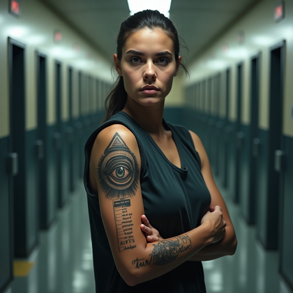 AI-generated photo: Photorealistic prison portrait photograph, the person standing in a long institutional hallway lined...