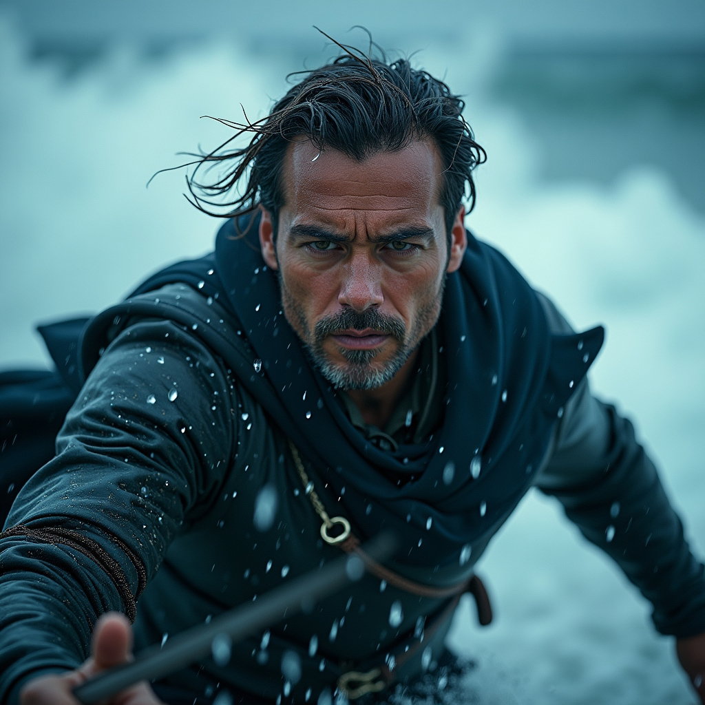 Solo Odysseus Storm Survivor Portrait example: Cinematic mythological portrait photography, an action portrait of a lone hero pushing forward through heavy rain and se