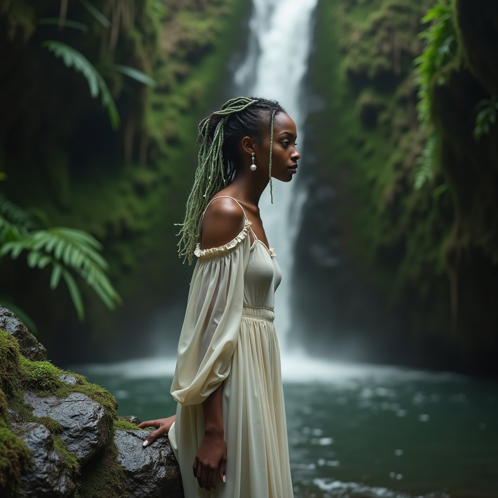 Brume de cascade : portrait cadré à la taille à côté d’une cascade étroite, la seule personne debout sur un rocher sombre et mouillé, une main posée sur une pierre moussue, avec une humidité perceptible…
