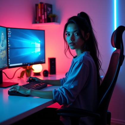 AI-generated photo: Photorealistic portrait photography. A relaxed gamer sits sideways in a swivel chair at a clean desk...