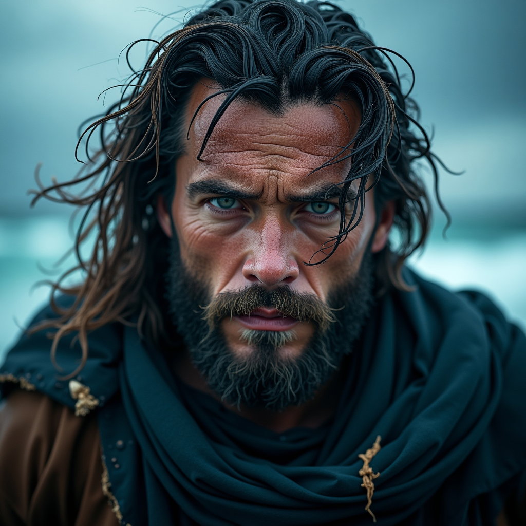 Solo Odysseus Storm Survivor Portrait example: Cinematic mythological portrait photography, a tight close-up of a storm-battered Odysseus-inspired survivor facing forw