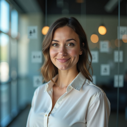 Professional headshot at a glass brainstorming wall with faint marker sketches and sticky-note silhouettes defocused behind, framed chest-up with the torso three-quarters to camera and a capped marker held low at midline to suggest leadership without blocking the face. A large, soft book-light key creates flattering contrast while a delicate hair light from the ceiling grid separates the outline, maintaining precise detail around the collar and neckline. The composition centers the face against vertical gridlines for structure, with neutral tones and a restrained color palette for a decisive, executive look.