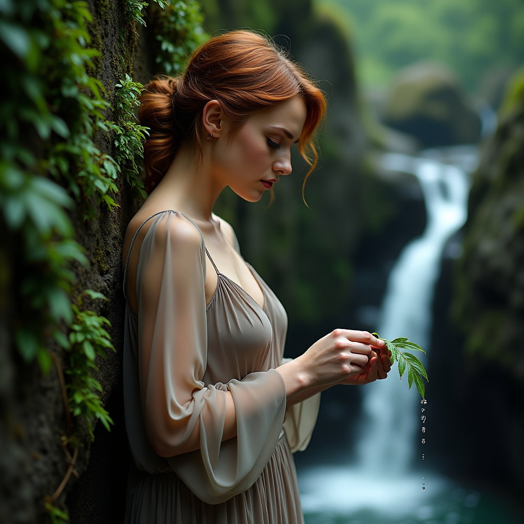 Brume de cascade : portrait de profil en plan américain devant une paroi rocheuse couverte de fougères à côté d’une fine cascade, la seule personne penchée tout près de la paroi humide.