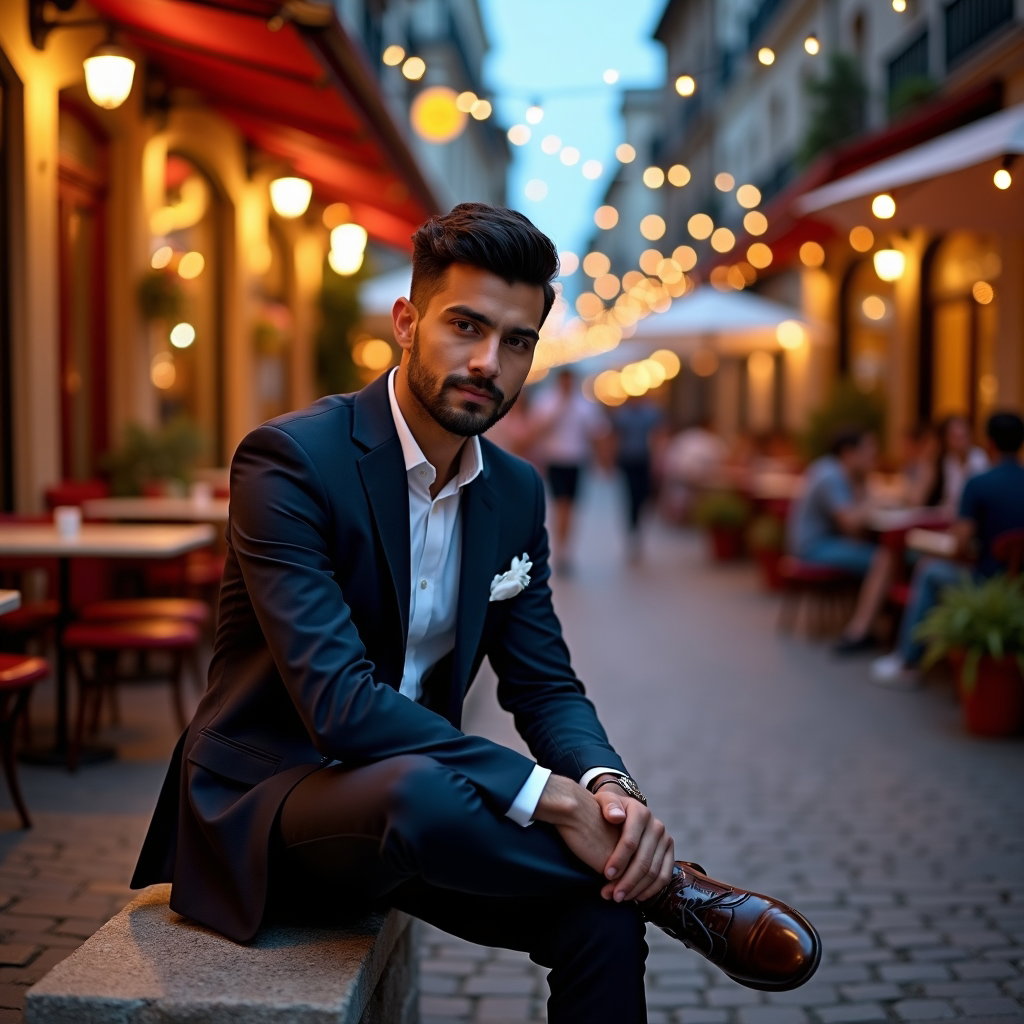 AI-generated photo: Photorealistic wedding portrait photo along a cobblestone side street lined with bistro patios, wher...