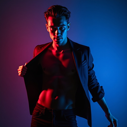 AI-generated photo: Photorealistic studio portrait photograph of a person in a dynamic half-body pose, caught mid-stride...