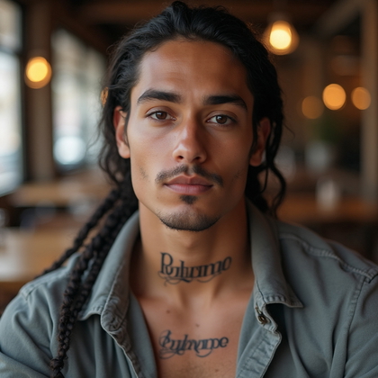 AI-generated photo: Photorealistic photography showcasing a young man with a prominent script tattoo along his collarbon...