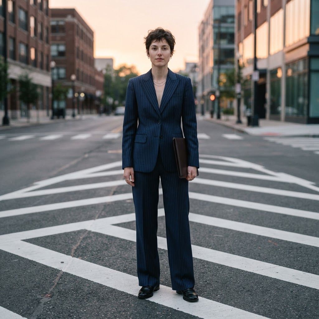 Sharp Tailoring at a Dawn Crosswalk: A head-to-toe photo at a dawn crosswalk where diagonal white stripes create a bold pattern around one person.