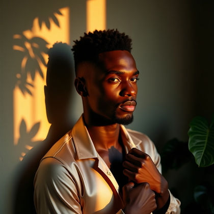 AI-generated photo: Photorealistic portrait photography. Golden-hour window light pours through leafy shadows (monstera ...