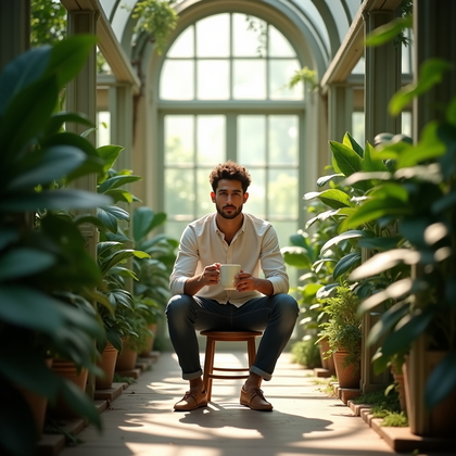 Photorealistic lifestyle photo in a sunlit botanical conservatory, dense tropical leaves and hanging vines creating layered depth around a small wooden stool centered in a narrow aisle. The subject sits tall with legs crossed at the ankle and hands clasped around a ceramic mug held near chest level, torso subtly angled while the face remains fully open to the lens with a serene, attentive expression. Soft top light filters through frosted glass panels and diffuses into a flattering wrap, while a faint misting system adds airy highlights on leaf edges that act as natural reflectors. Compose with a gentle tunnel effect using foreground foliage blur and a clean negative space behind the head for separation, ensuring crisp facial detail and bright, natural catchlights.