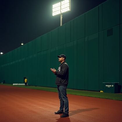 AI-generated photo: Photorealistic sports editorial photo: night on the warning track beneath the towering outfield wall...