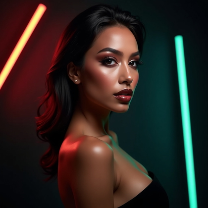 AI-generated photo: Photorealistic beauty portrait photograph. Full glam, high-fashion beauty portrait captured in a dar...