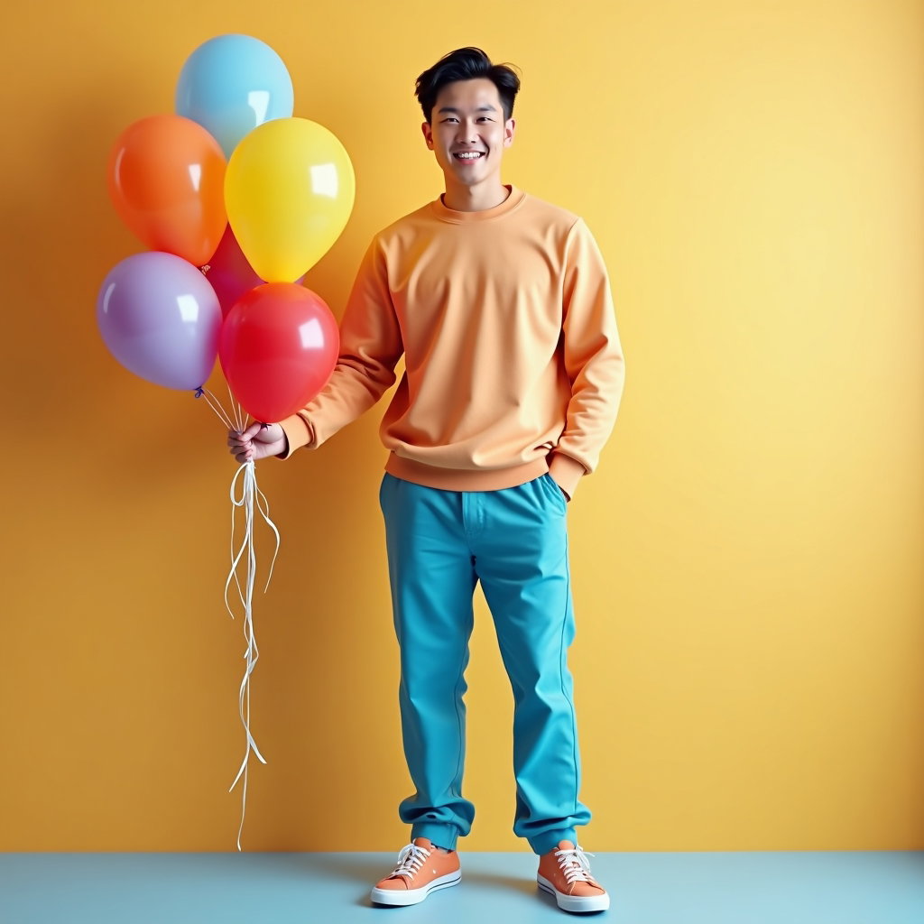 Birthday Photos That Avoid Cluttered Backgrounds and Awkward Crops example: Photorealistic birthday portrait photography. A full-body birthday outfit portrait against a smooth colored studio wall,