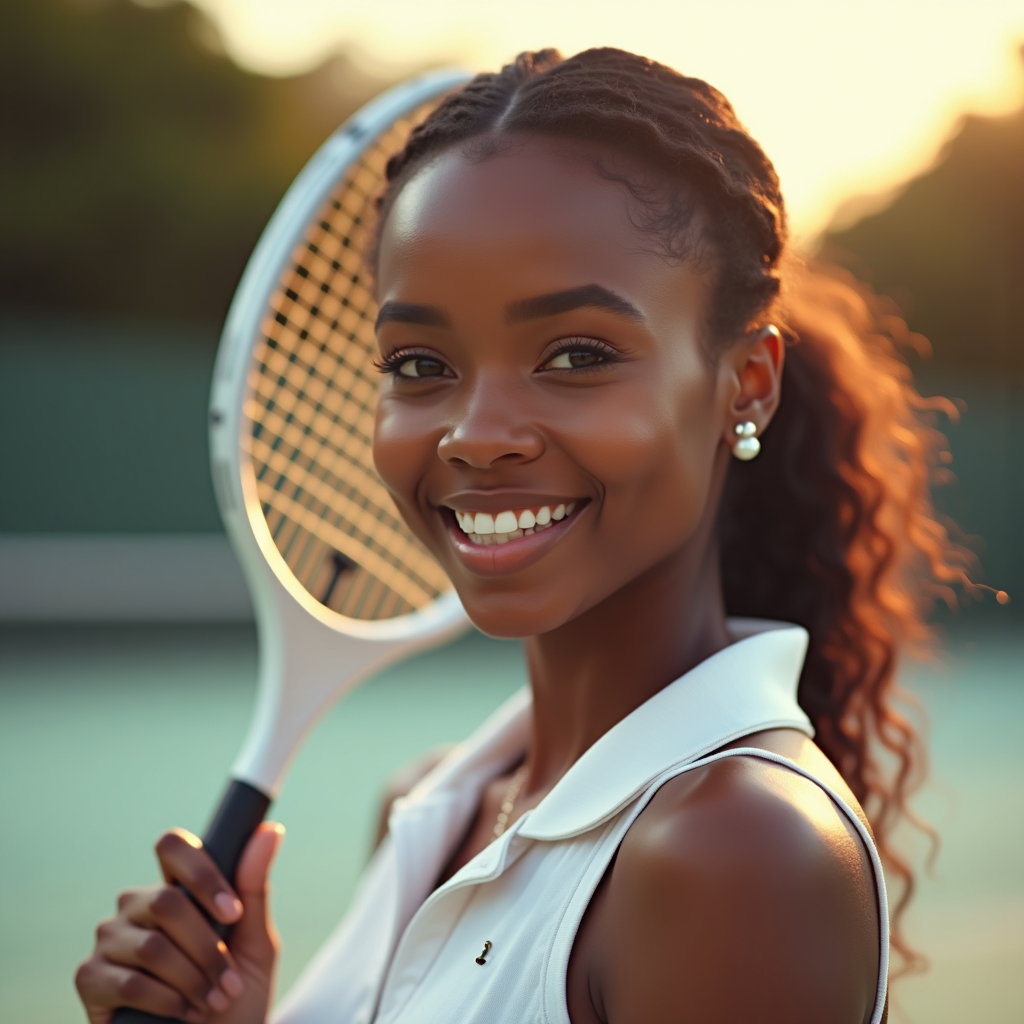 Romantic Soft-Focus Tenniscore Portraits example: Dating profile photo. Close-up romantic soft-focus tenniscore portrait with the face clearly visible, the subject lookin