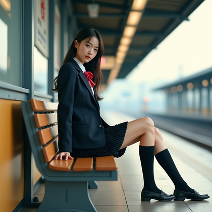 AI-generated photo: Photorealistic fashion photography. A refined lifestyle fashion portrait centered on a Japanese scho...