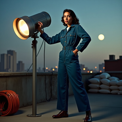 AI-generated photo: Photorealistic 1940s-style fashion portrait photography: on a city rooftop civil-defense post at dus...