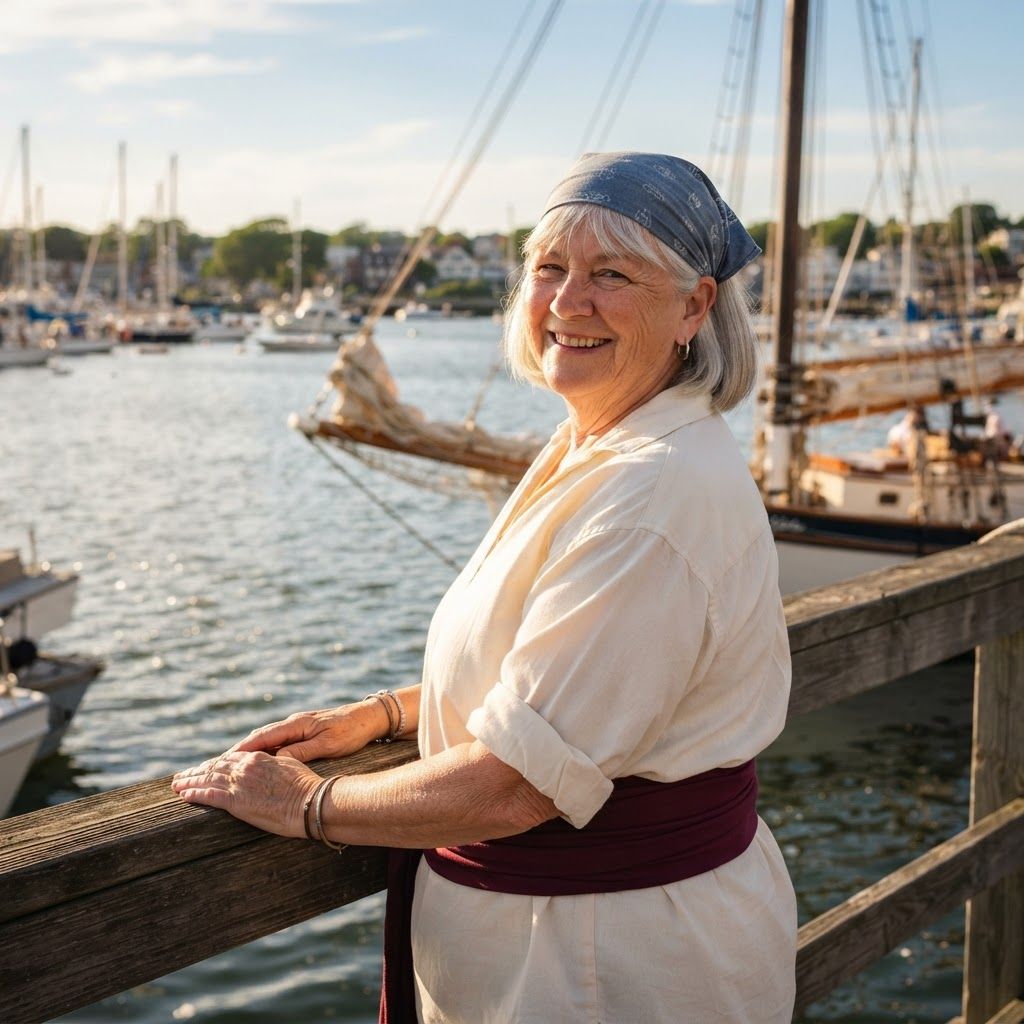 Sunlit Pirate at the Harbor: Relaxed waist-up portrait at a harbor railing, with the subject turned slightly toward the water but smiling back at the viewer.