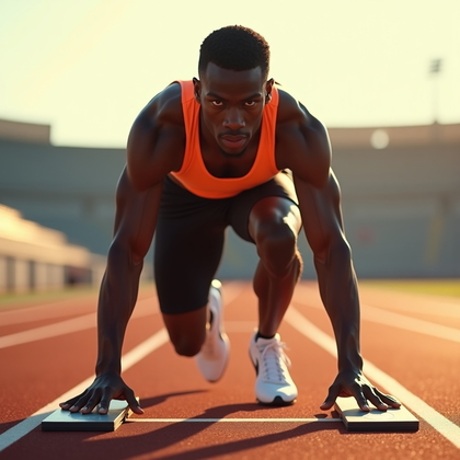 AI-generated photo: Photorealistic fashion sports photography of a powerful track start pose on starting blocks, shot lo...