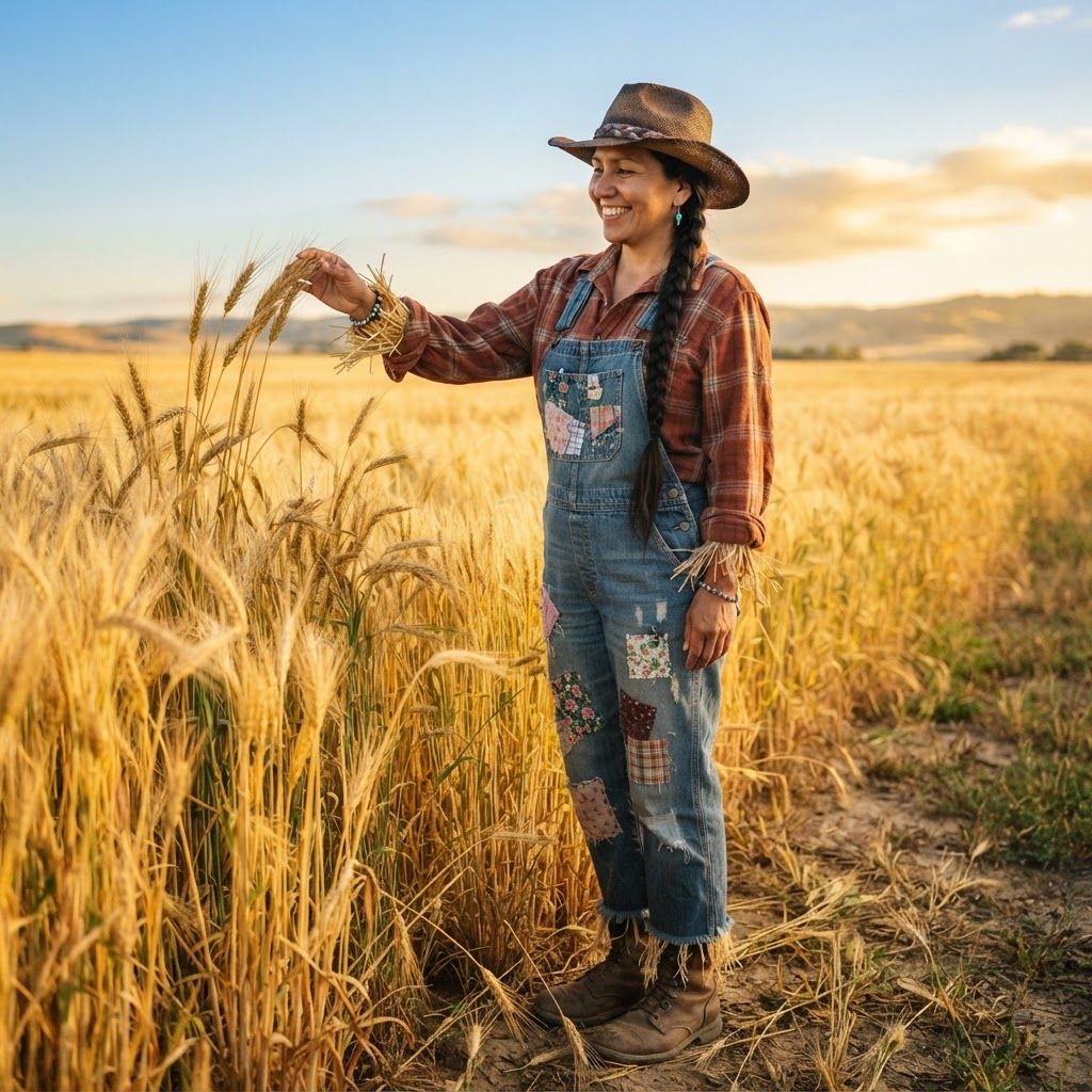 Patchwork Scarecrow in a Golden Field: Full-body personal photo along the edge of a golden grain field, with seed heads in the near foreground but her entire outfit unobstructed.