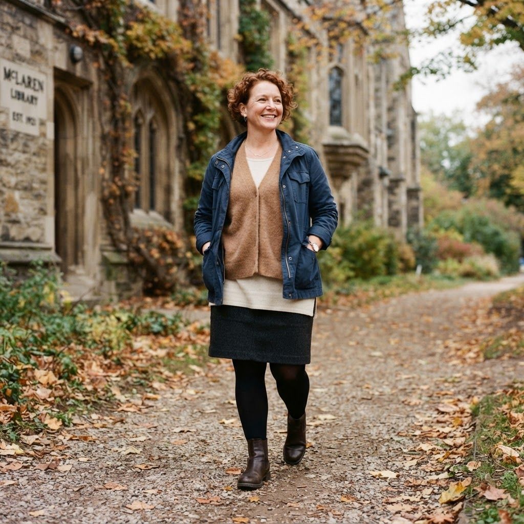 Soft Layers on a Leaf-Strewn Walk: Knee-up walking portrait on a leaf-strewn path beside an old stone library, framed low enough to show every garment hem.