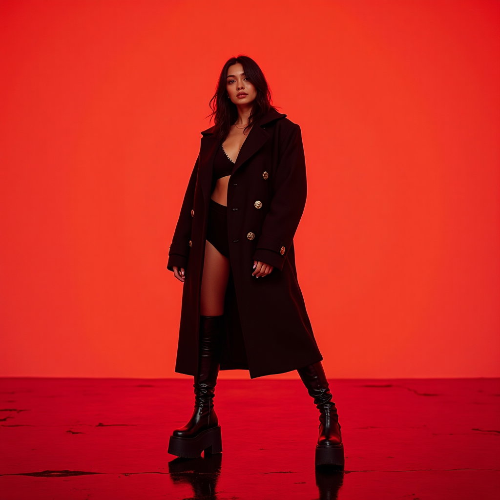 Tight Face Close-Up Pop Star Album Cover Photos example: Photorealistic pop star album cover photo. Full-body album-cover composition with the subject standing on a glossy floor