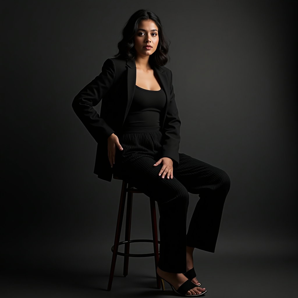 AI-generated photo: Photorealistic portrait photography. Minimalist studio on deep charcoal seamless with a hard key dri...