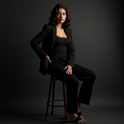 AI-generated photo: Photorealistic portrait photography. Minimalist studio on deep charcoal seamless with a hard key dri...