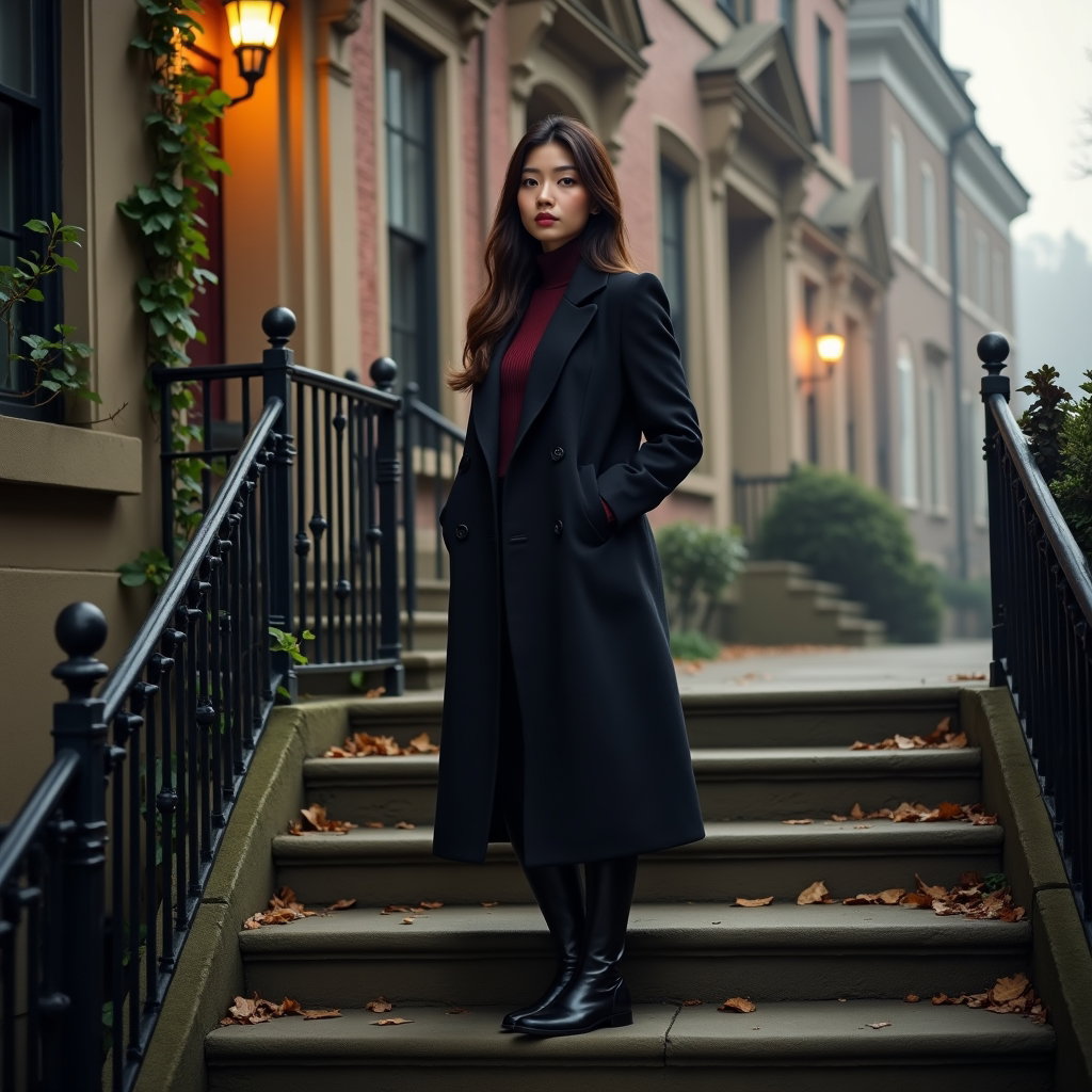 Soft Gothic Morning Portrait example: Dating profile photo. Full-body morning portrait on old stone steps outside a historic townhouse, standing tall with one