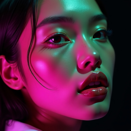 AI-generated photo: Photorealistic studio beauty portrait. Extreme close-up where the frame crops just above the brows a...