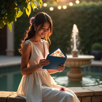 AI-generated photo: Photorealistic wedding photography in a walled courtyard by a stone fountain, golden hour light catc...