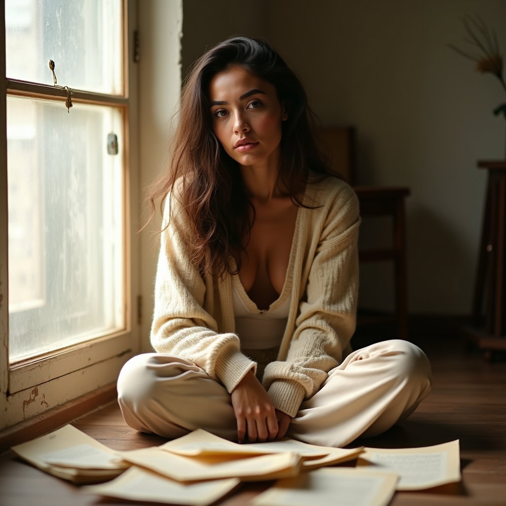 Floor-Sitting Portrait Surrounded by Scattered Pages example: Photorealistic portrait photography. Tight floor-sitting close-up with the face clearly visible, loose handwritten pages
