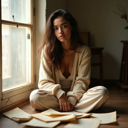 Floor-Sitting Portrait Surrounded by Scattered Pages example: Photorealistic portrait photography. Tight floor-sitting close-up with the face clearly visible, loose handwritten pages