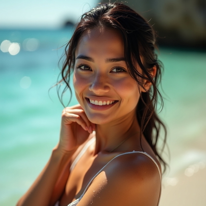 Wet-Hair Post-Swim Portrait example: Photorealistic portrait photography. Tight close-up post-swim portrait with the subject facing the viewer, chin slightly