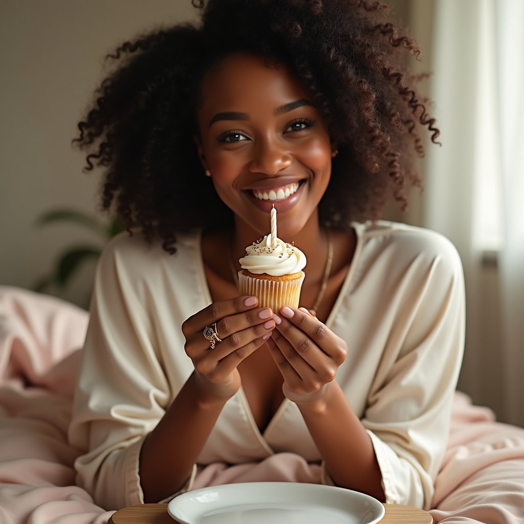 Soft Birthday Morning Lifestyle Portraits example: Photorealistic lifestyle portrait photography. Close-up birthday morning portrait in rumpled linen bedding, with the sub