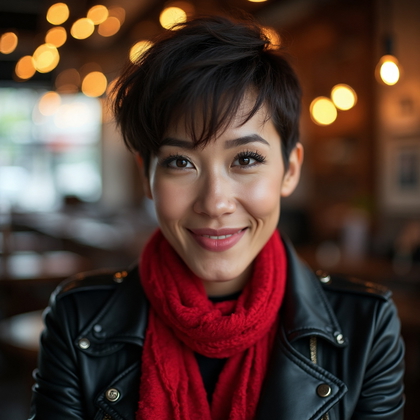 AI-generated photo: Confident Close-Up Portrait showcasing a woman radiating confidence, clad in a stylish black leather...