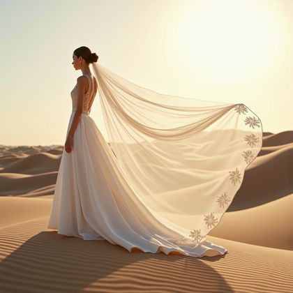 AI-generated photo: Photorealistic wedding photography staged on wind-carved desert dunes under a high, pale sky, with a...