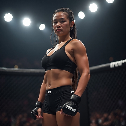 AI-generated photo: **Professional photorealistic portrait.** Set against the backdrop of a bustling pre-fight arena, a ...
