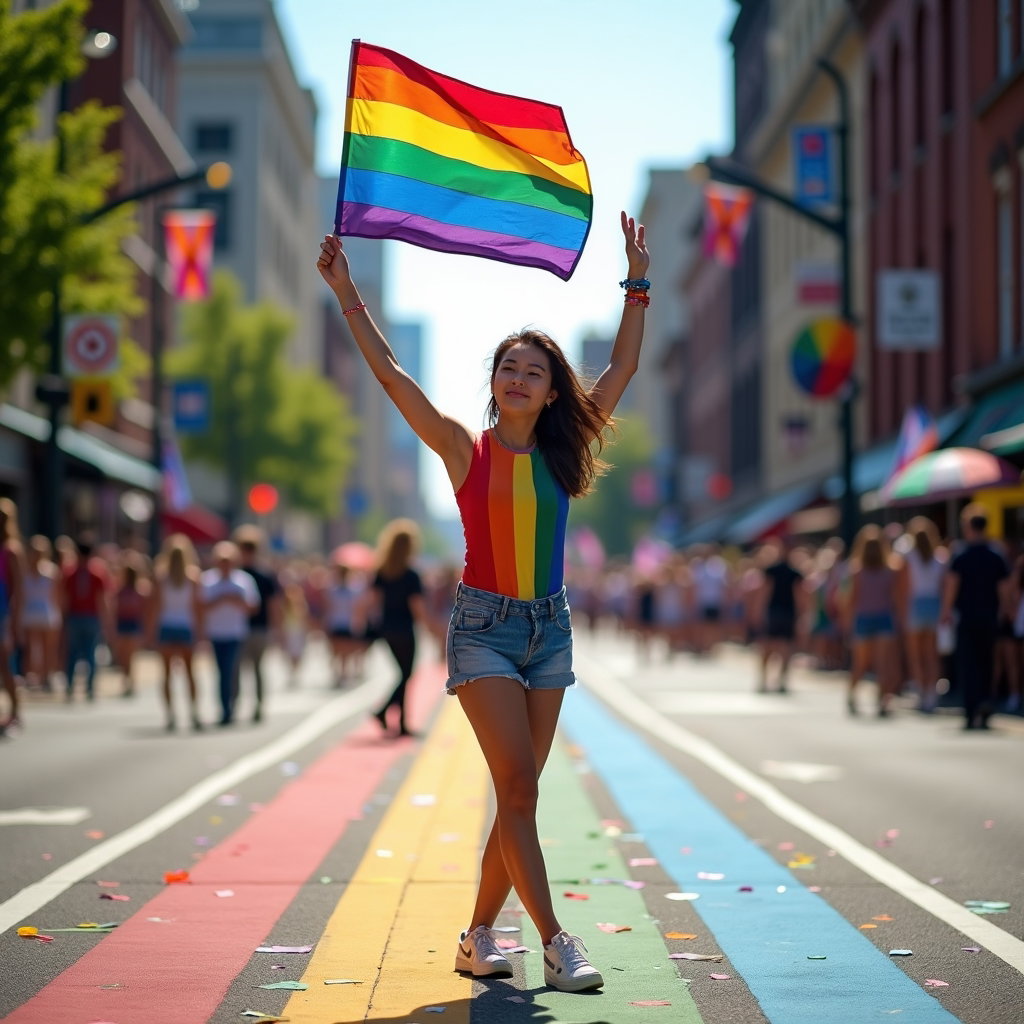 Solo Pride Parade Street Portraits example: Photorealistic street portrait photography. Full-body solo portrait of a subject standing in the middle of a closed para