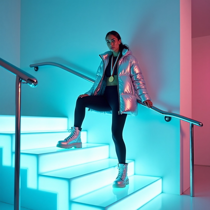 AI-generated photo: Photorealistic fashion sports photography of an indoor frosted-glass stair podium, where the athlete...