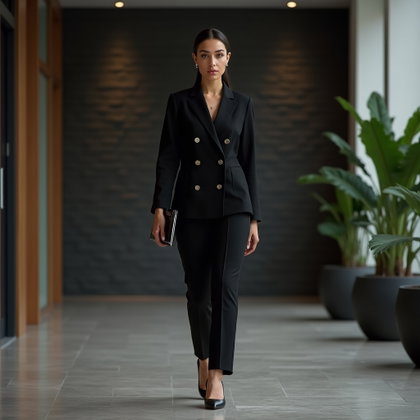 Tailleur-pantalon bien coupé : portrait en pied dans le hall calme d’une tour de bureaux, avec un mur d’accent en pierre sombre et de la verdure intérieure, une seule personne visible en tailleur-pantalon noir…