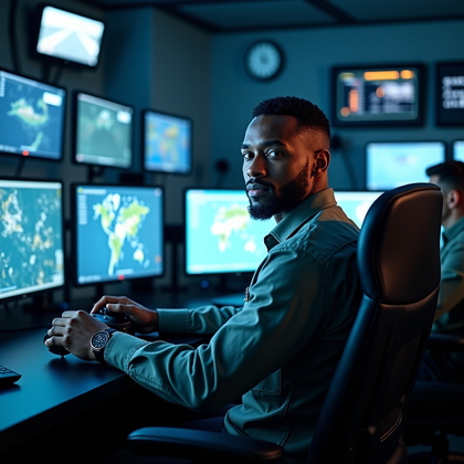 AI-generated photo: Photorealistic military drone operations specialist in a secure control room, seated in an ergonomic...