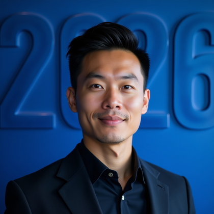 AI-generated photo: Professional headshot: electric cobalt seamless backdrop with subtle glossy “2026” numerals embossed...
