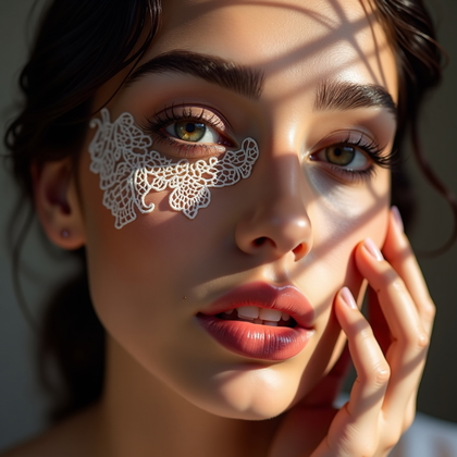 AI-generated photo: Photorealistic studio beauty portrait photo. Editorial beauty close-up featuring layered lace gobos:...