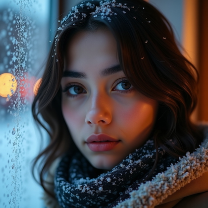 AI-generated photo: Photorealistic winter portrait photo taken at a frosted window, with the subject facing camera from ...