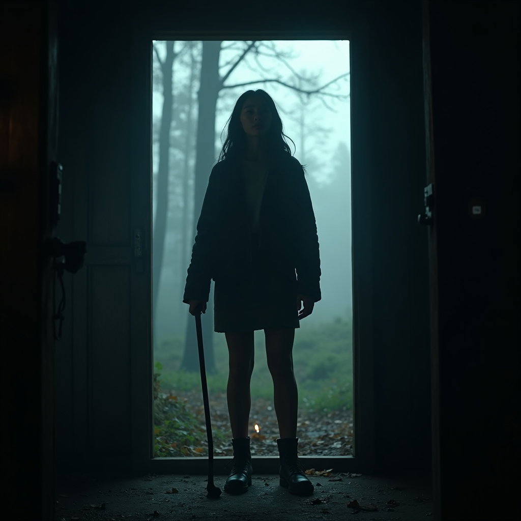 Cabin Doorway Final Stand example: Cinematic horror movie still photo. Full-body final stand pose in the open cabin threshold, the subject planted firmly w