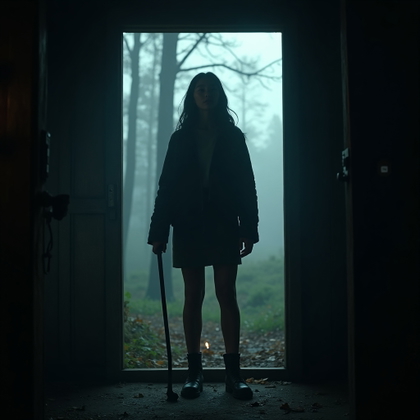 Cabin Doorway Final Stand example: Cinematic horror movie still photo. Full-body final stand pose in the open cabin threshold, the subject planted firmly w